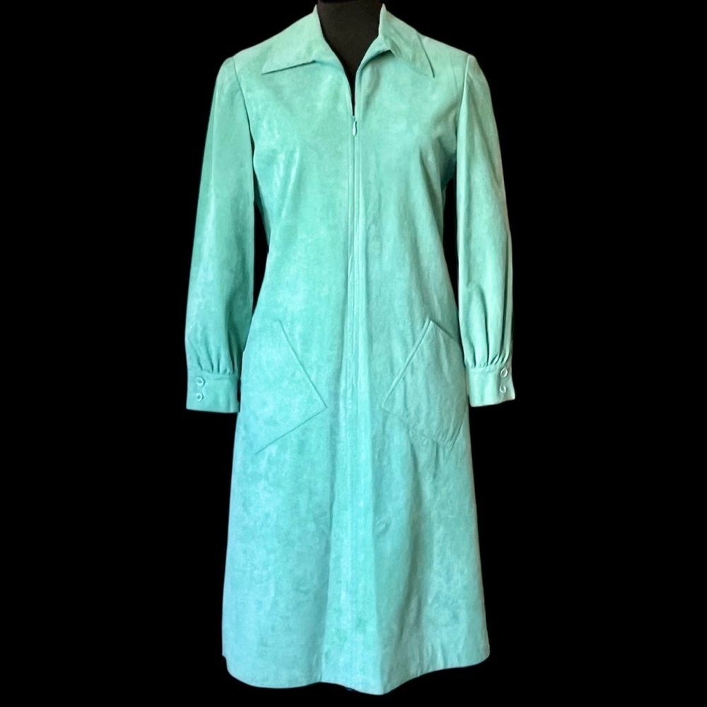 Vintage Ultrasuede Dress Mollie Parnis 1970s Sea Green Kaftan Gown Dagger Collar